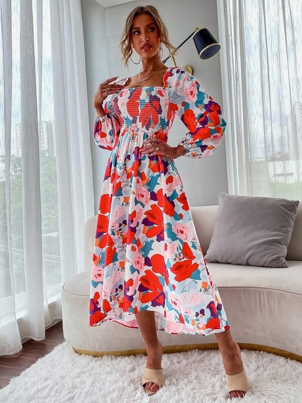 Smocked Floral Maxi Dress with Puff Sleeves — White & Red Floral